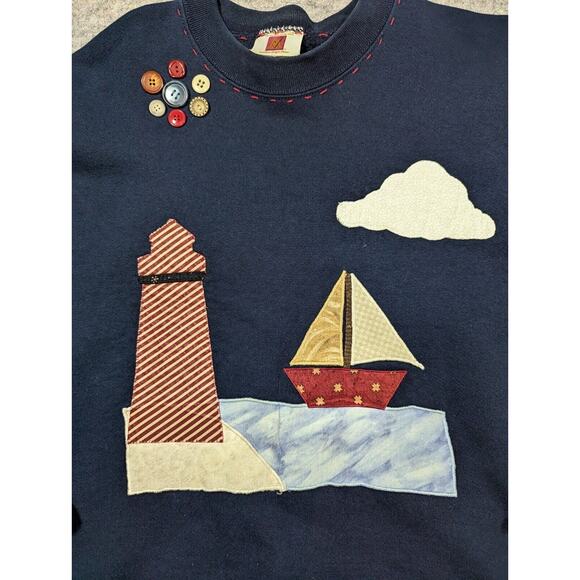 Vintage Crewneck Navy Large Sweatshirt Patchwork Lighthouse Coastal Grandma - Picture 4 of 8
